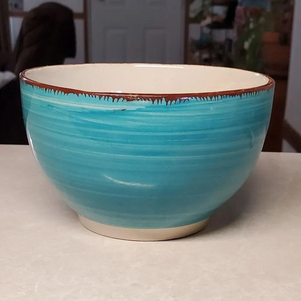Royal Norfolk Turquoise Swirl Coupe Brown Trim Soup Cereal Pasta Pottery Bowl